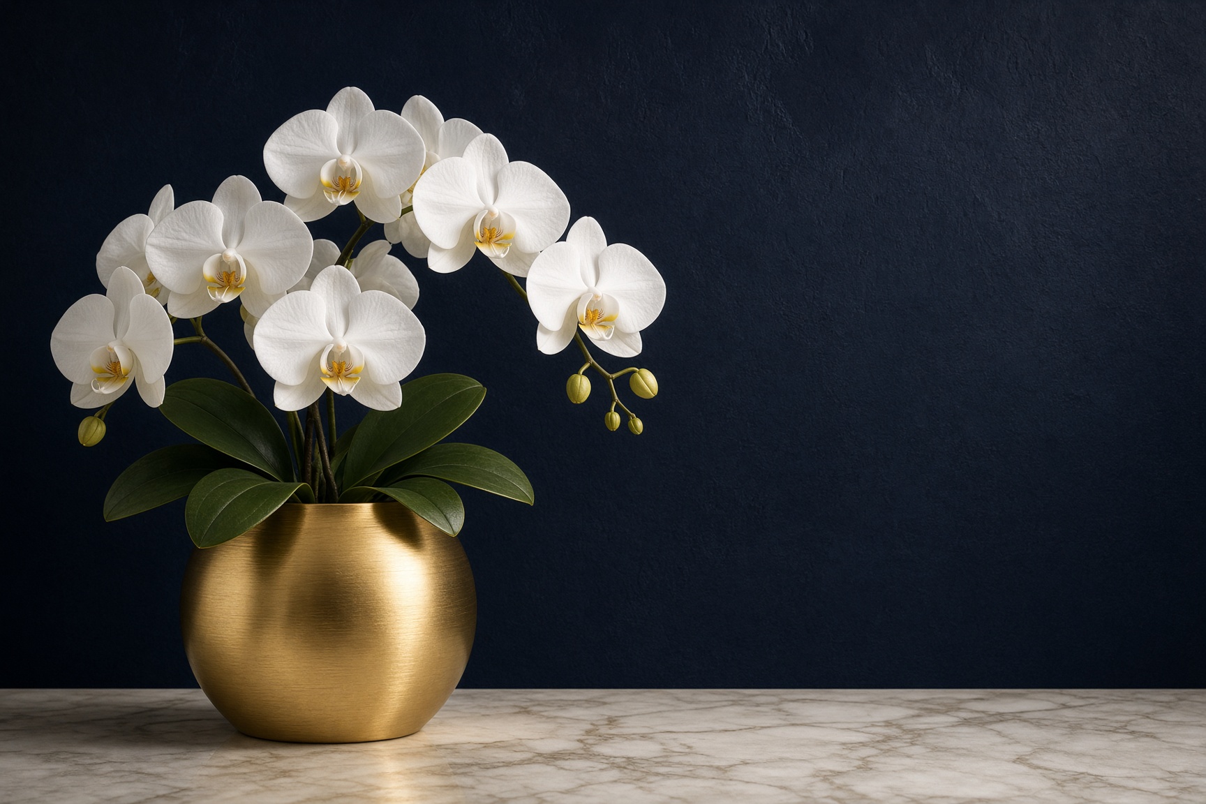 White orchids in a gold vessel